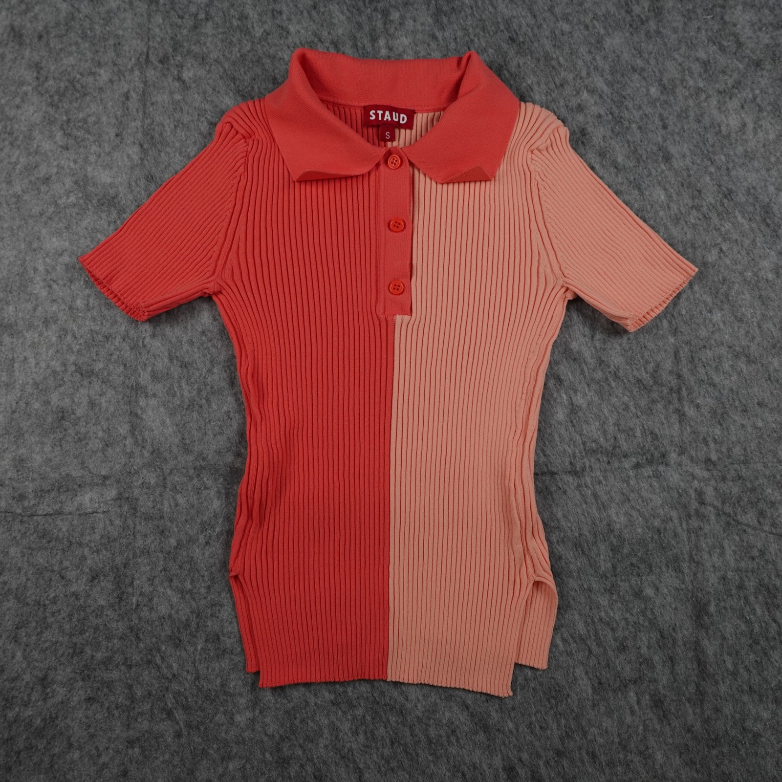 Staud Top Women Small Pink Brice Polo Colorblock Ribbed Knit Short Sleeve